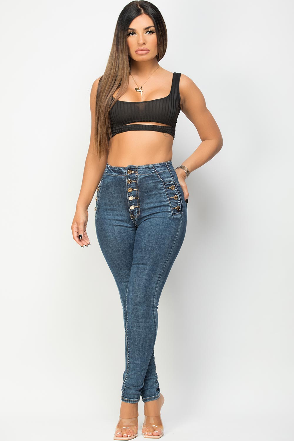 gold button high waisted jeans