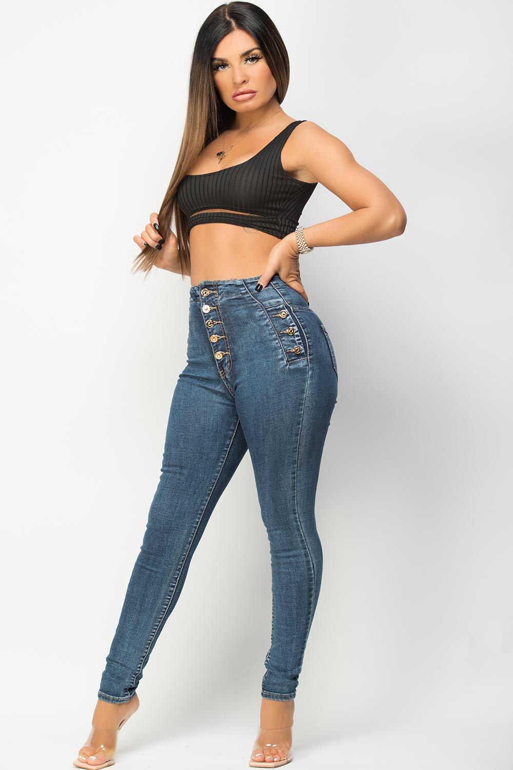 high waisted gold button jeans