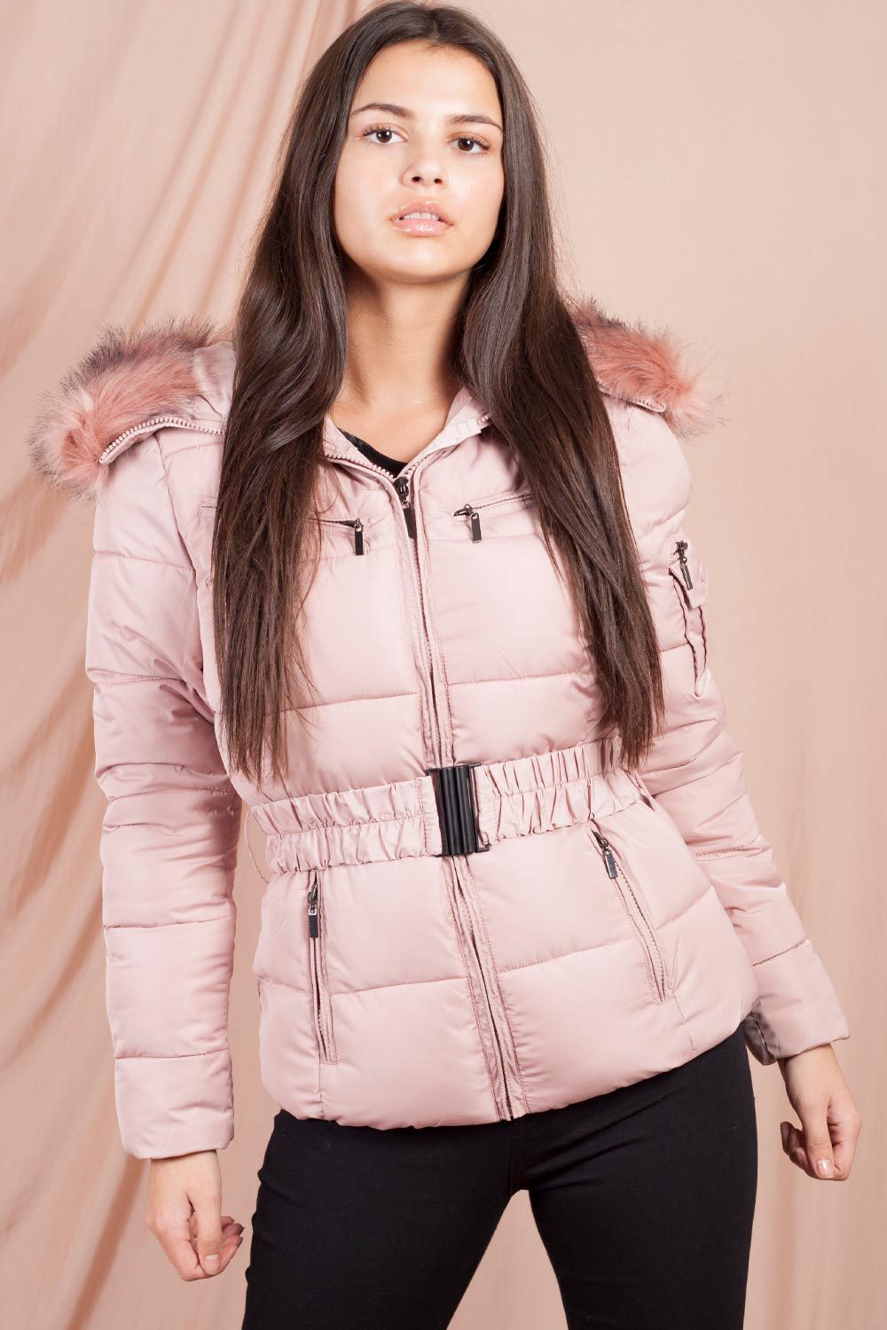 pink puffer jacket with fur hood