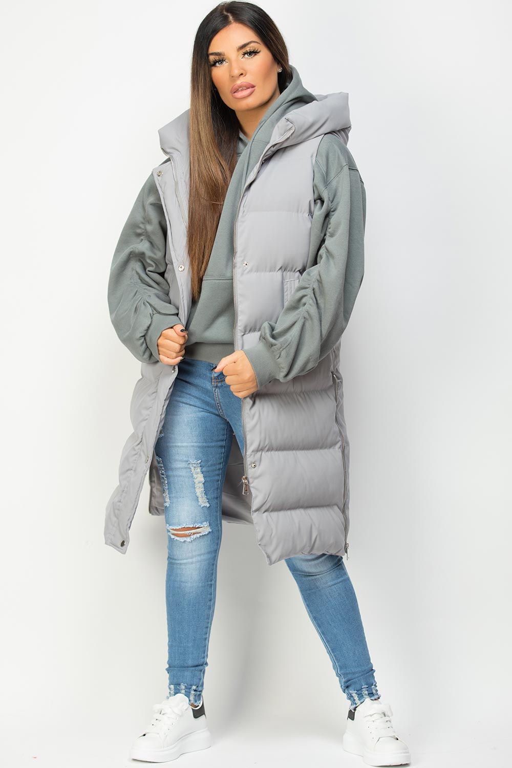 grey hooded puffer gilet womens