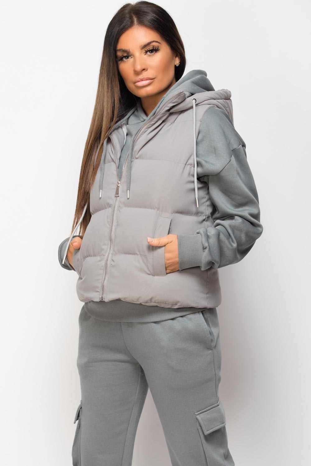 padded hooded waistcoat grey