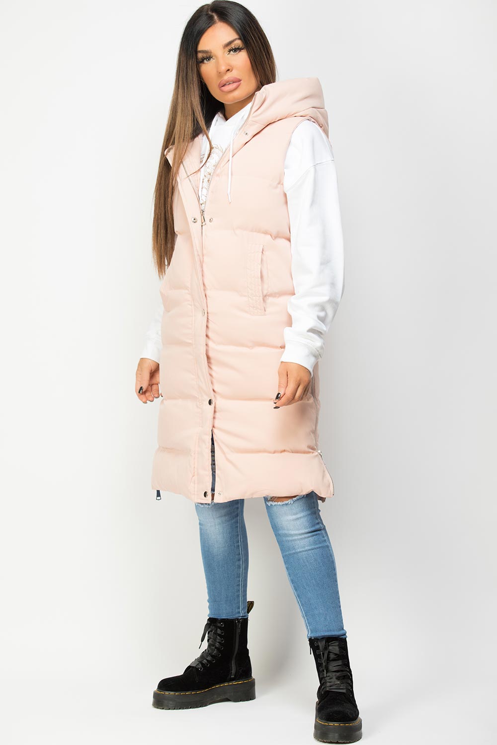 pink padded gilet long womens