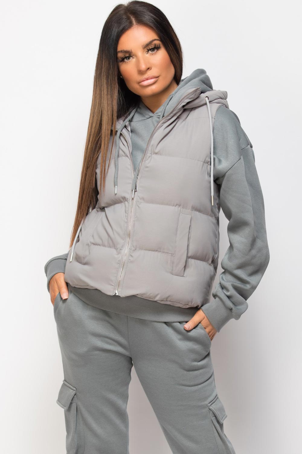 grey padded hooded gilet waistcoat