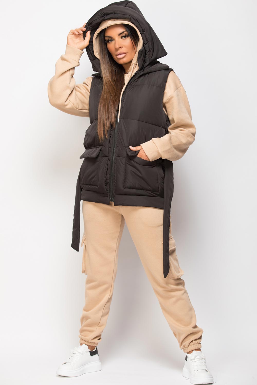 black hooded gilet with belt