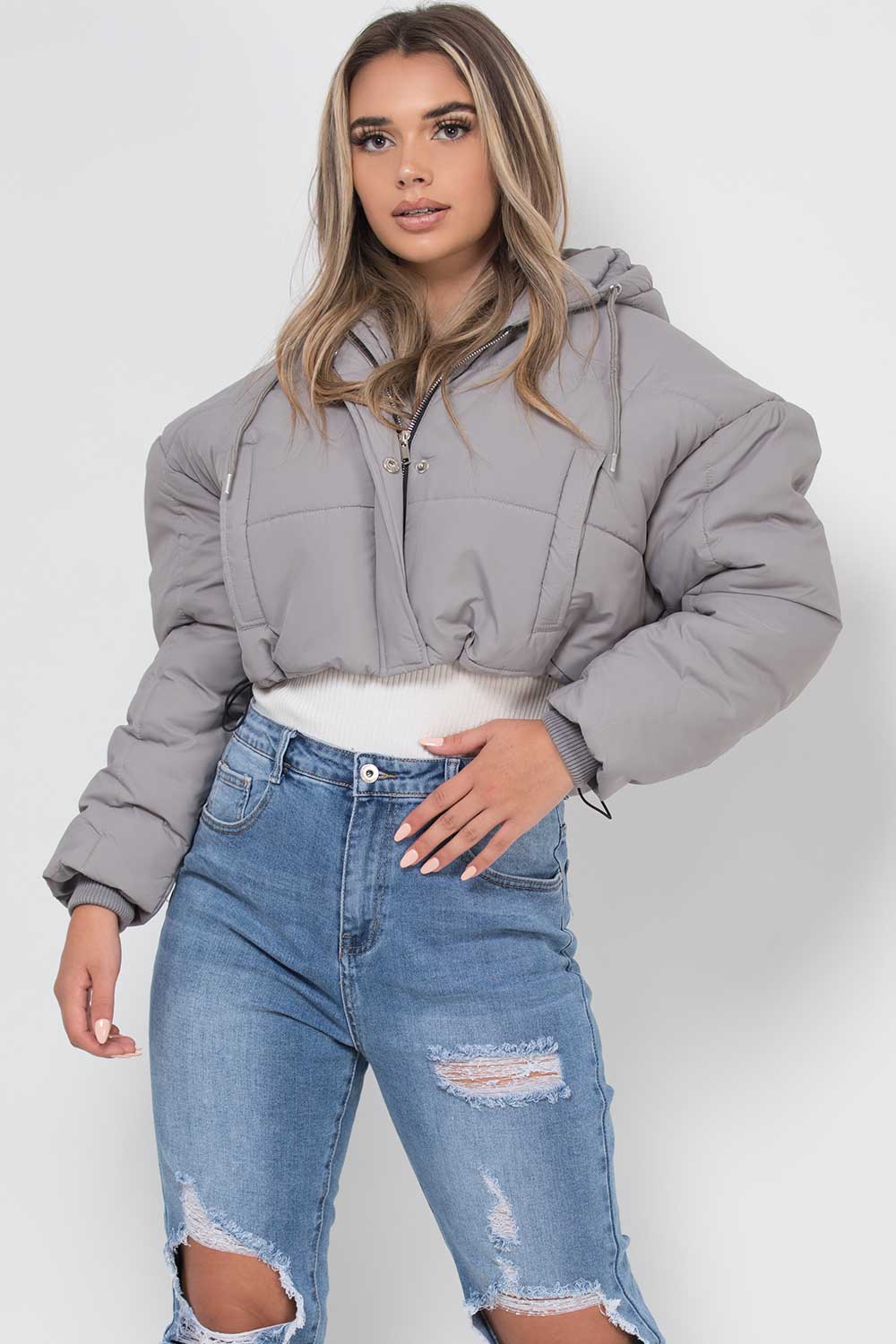 grey puffer cropped padded jacket with hood