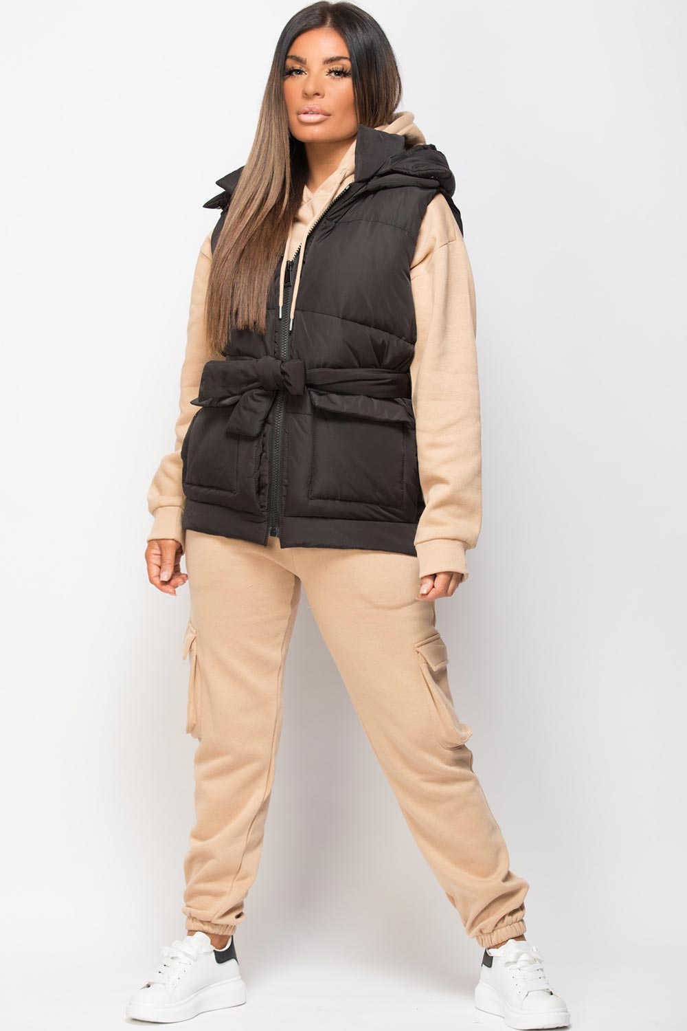 black sleeveless jacket with belt