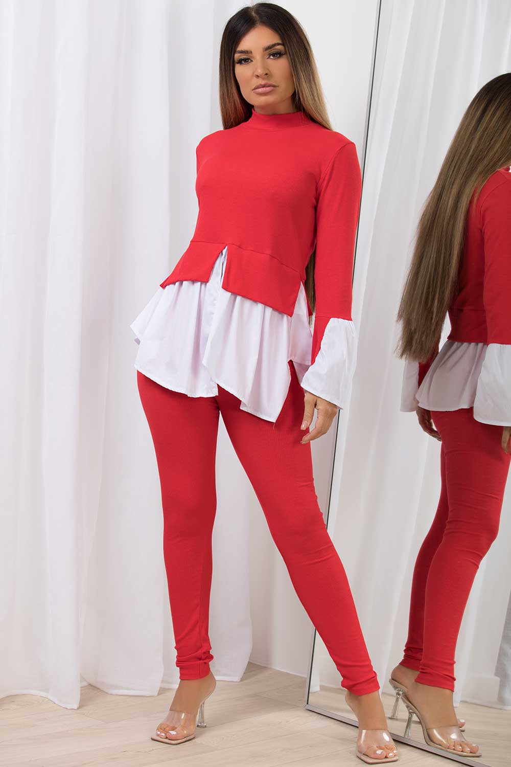 ribbed frill hem jumper shirt co ord set