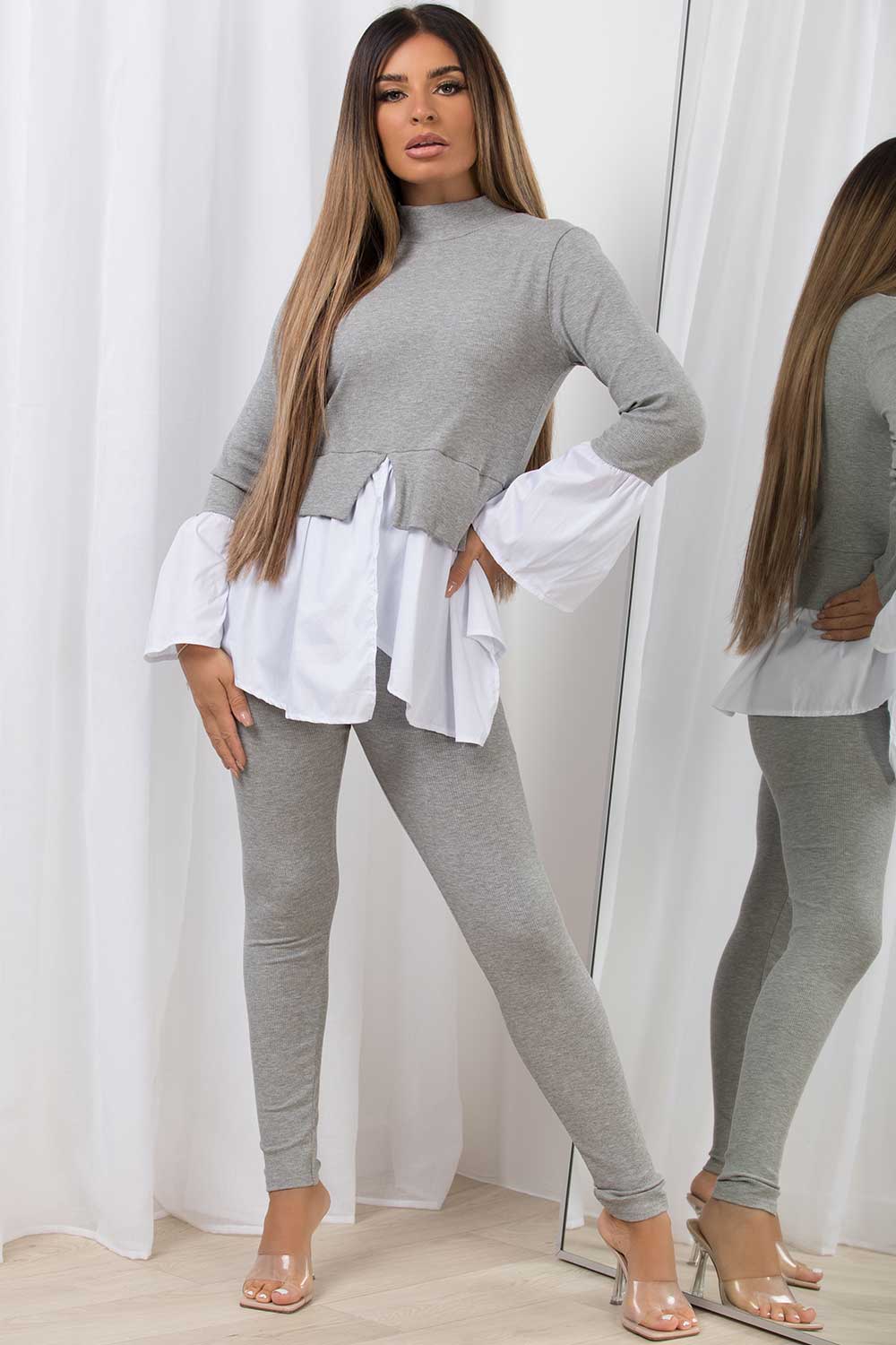 frill hem jumper shirt co ord set womens