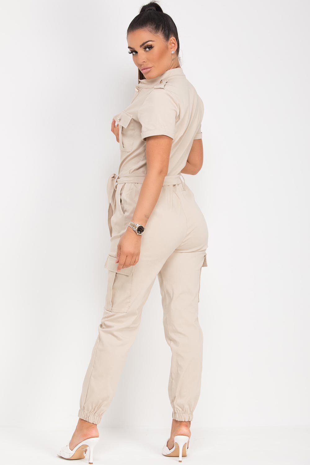 gold button utility pocket jumpsuit romper