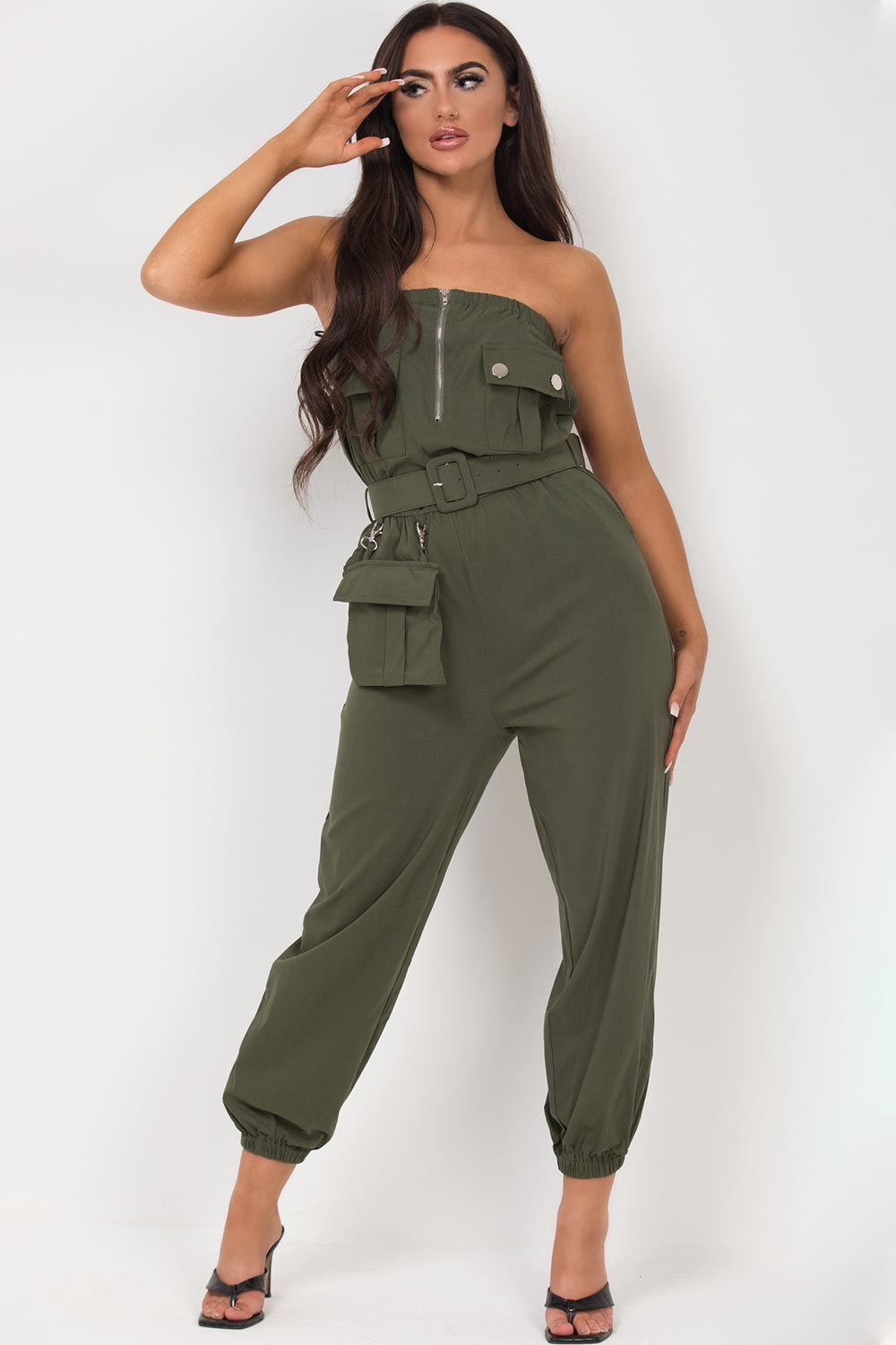 khaki off shoulder cargo utility jumpsuit styledup fashion