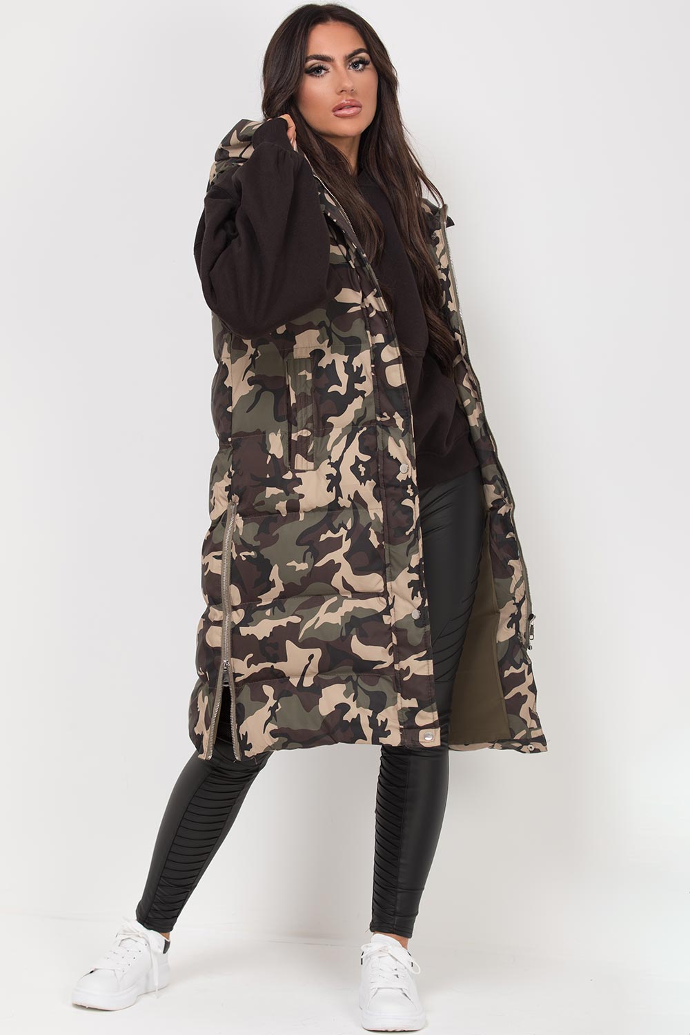 womens long gilet khaki camouflage
