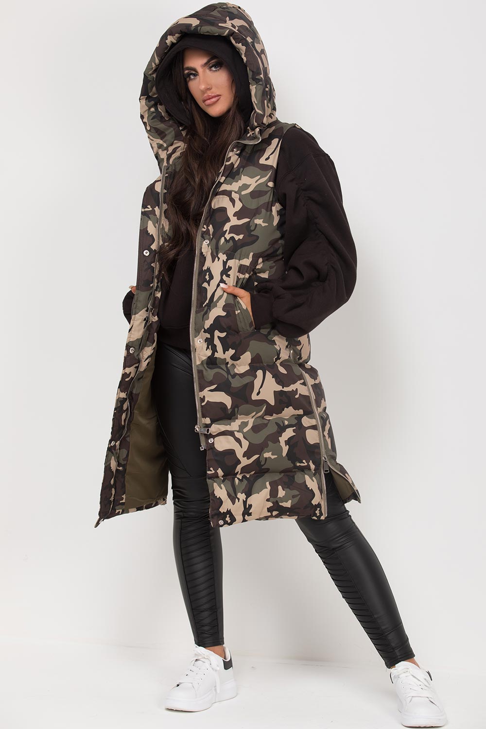 longline puffer gilet khaki camouflage uk