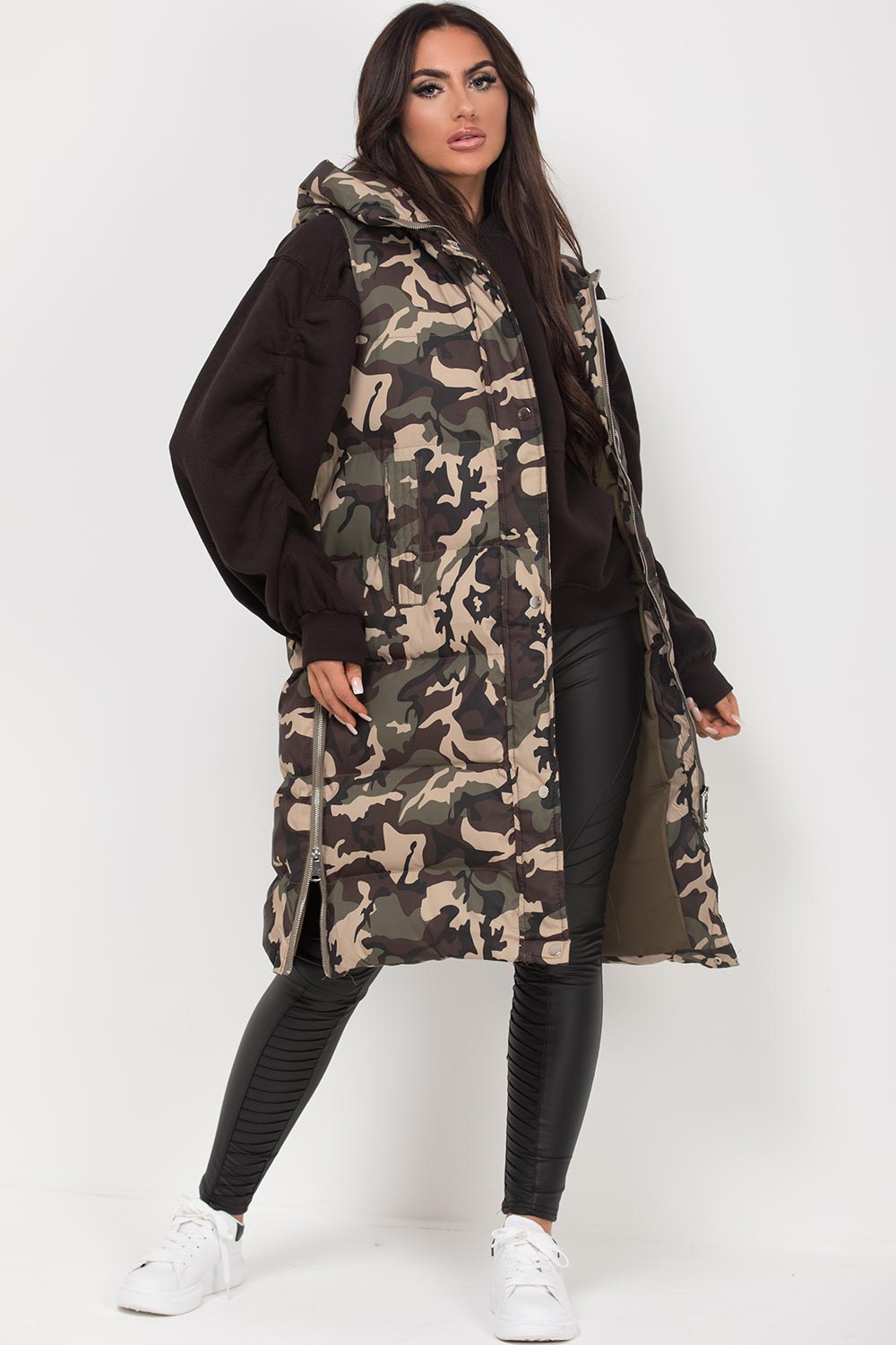 longline padded puffer gilet khaki camouflage