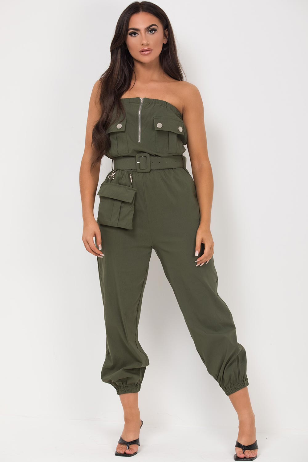 utility cargo off shoulder jumpsuit khaki