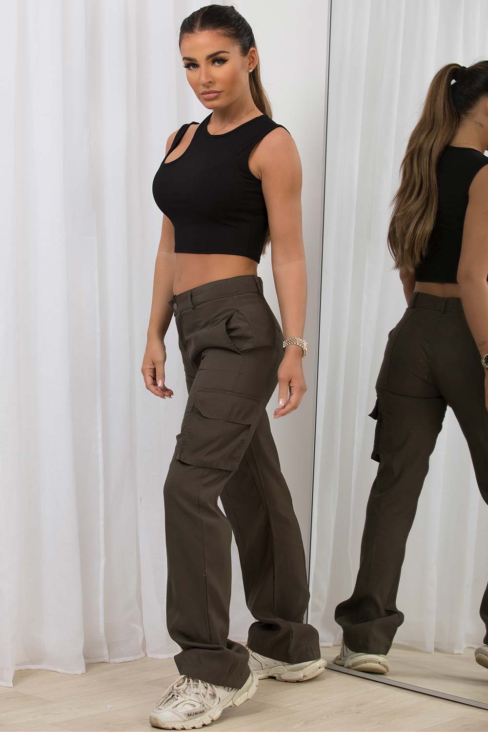 womens wide leg cargo trousers khaki