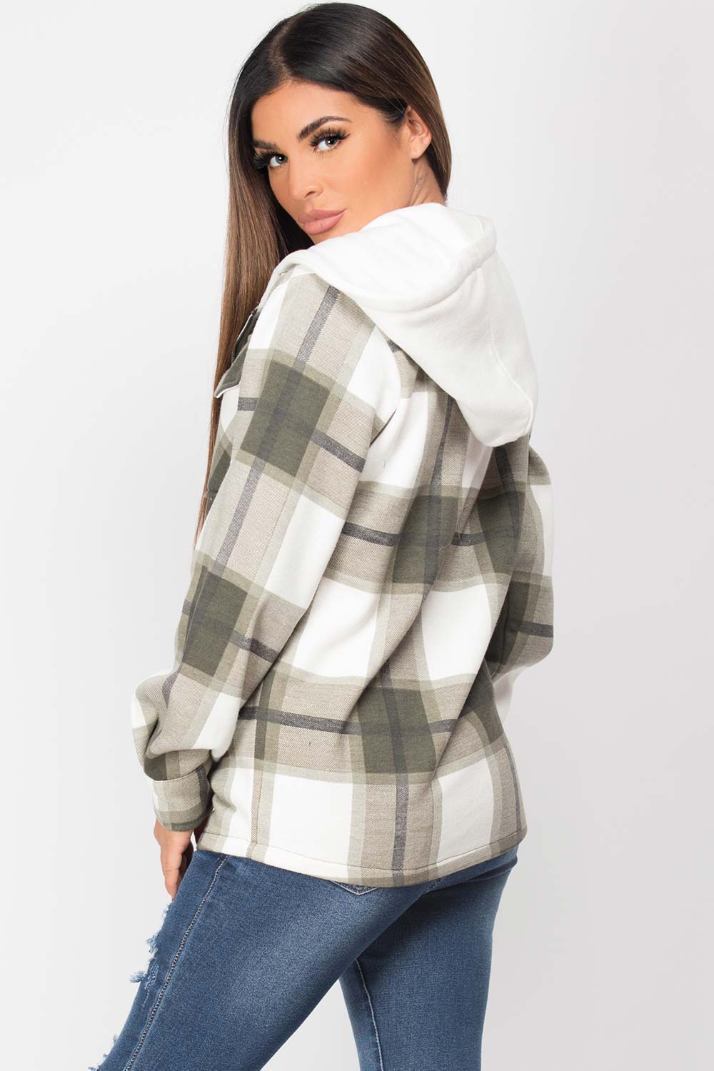 womens hooded shacket khaki check
