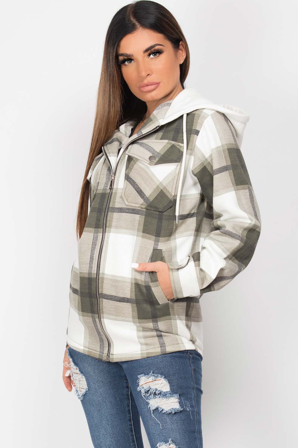 khaki hooded shacket trucker jacket