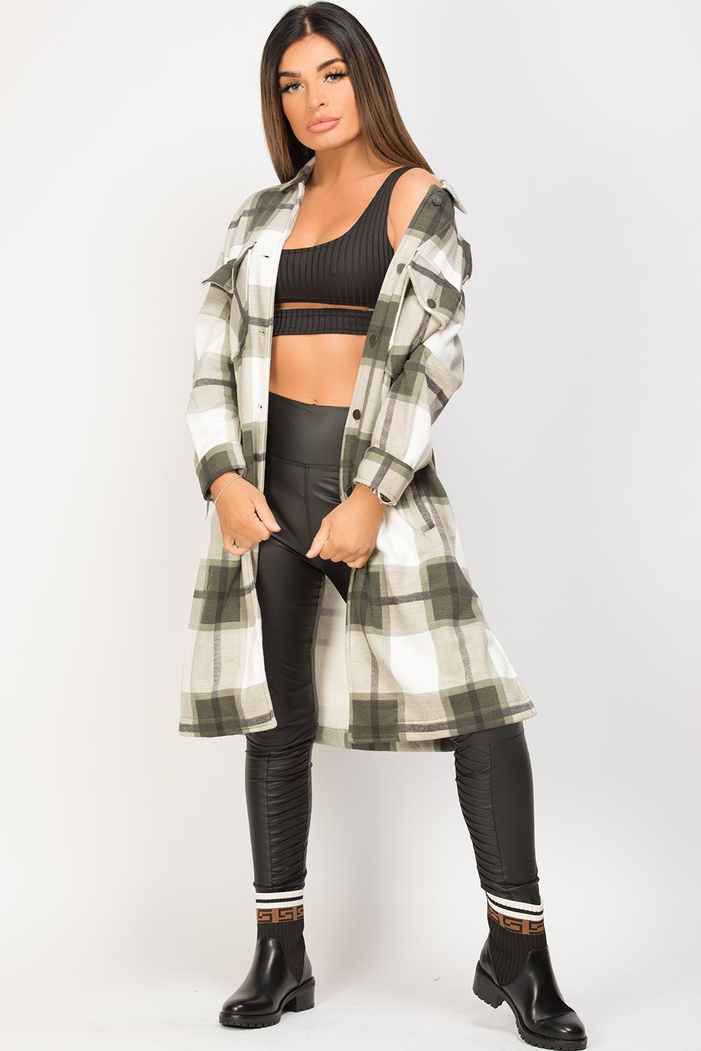 khaki check shacket longline