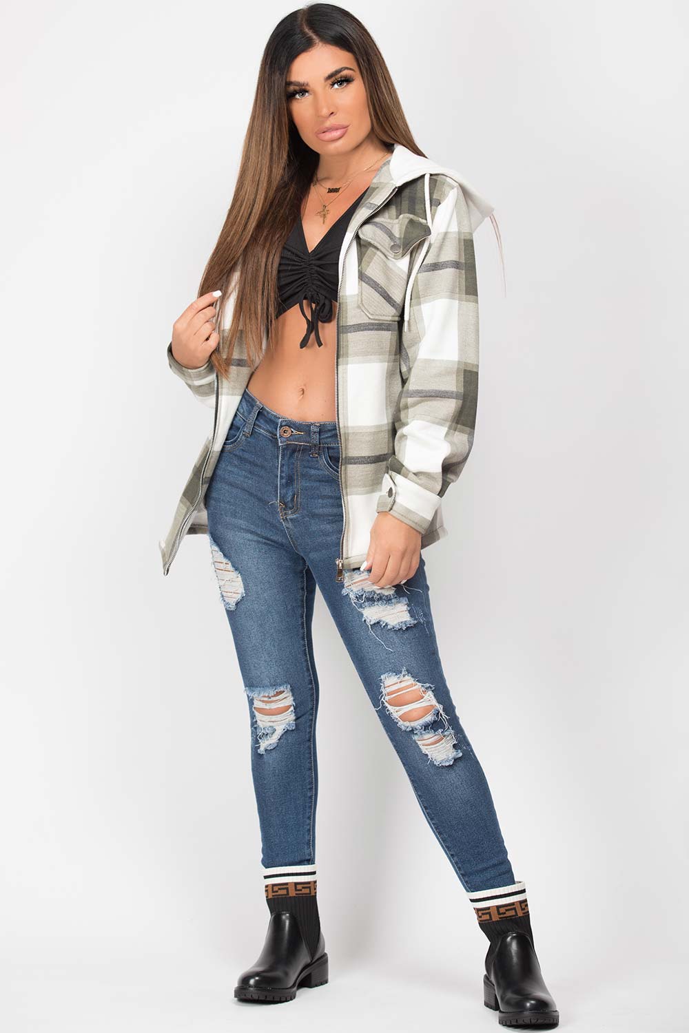 womens hooded shacket khaki check