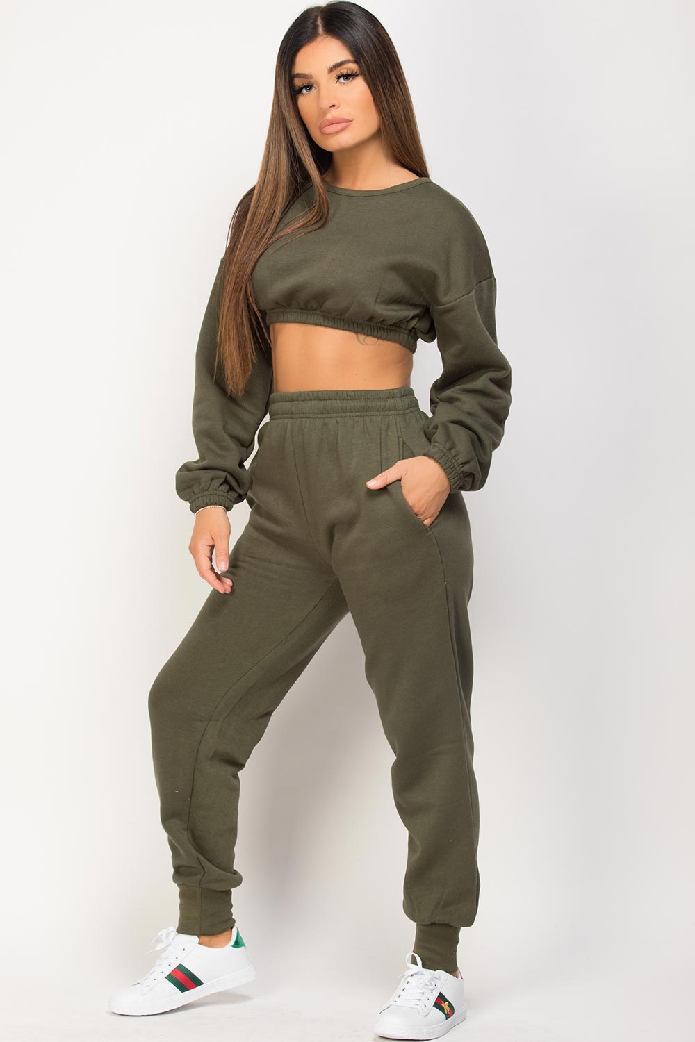 crop sweatshirt and joggers set khaki