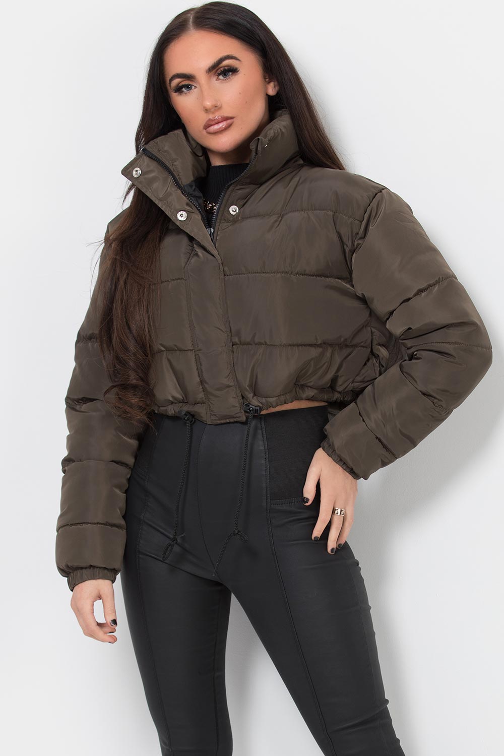khaki puffer jacket cropped