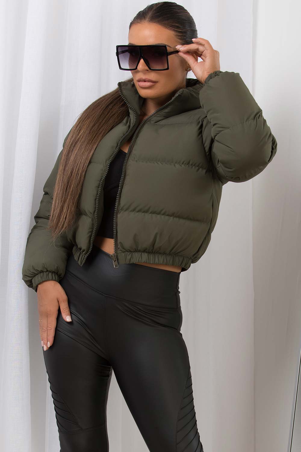 padded cropped jacket khaki