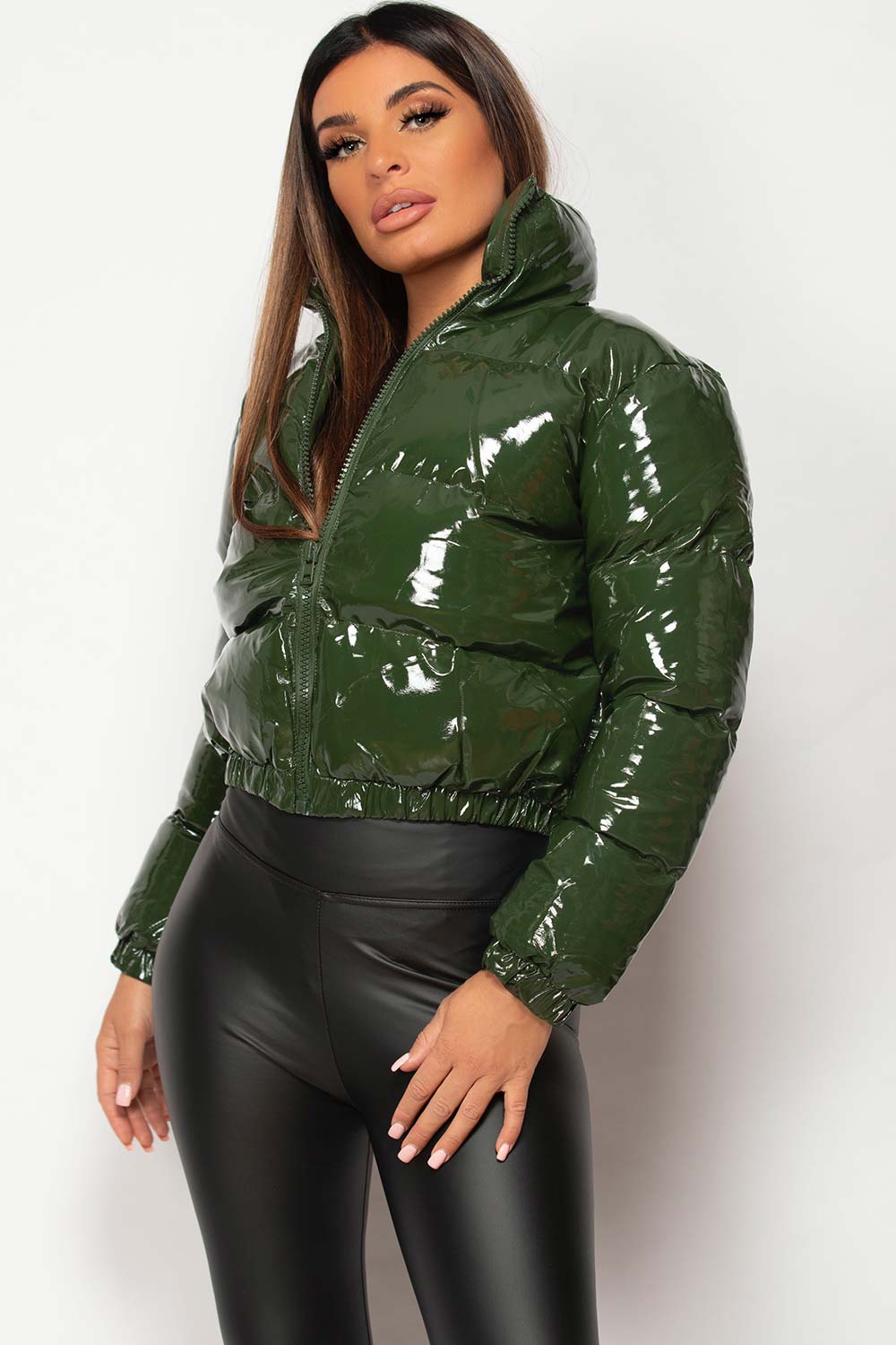 shiny vinyl puffer jacket cropped