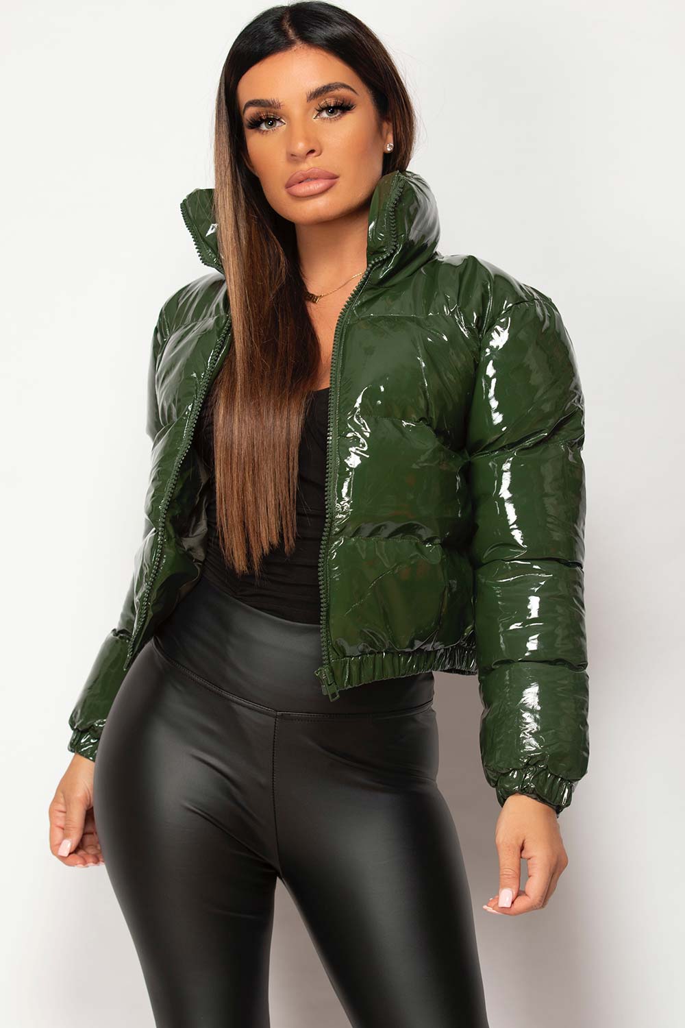khaki shiny puffer jacket