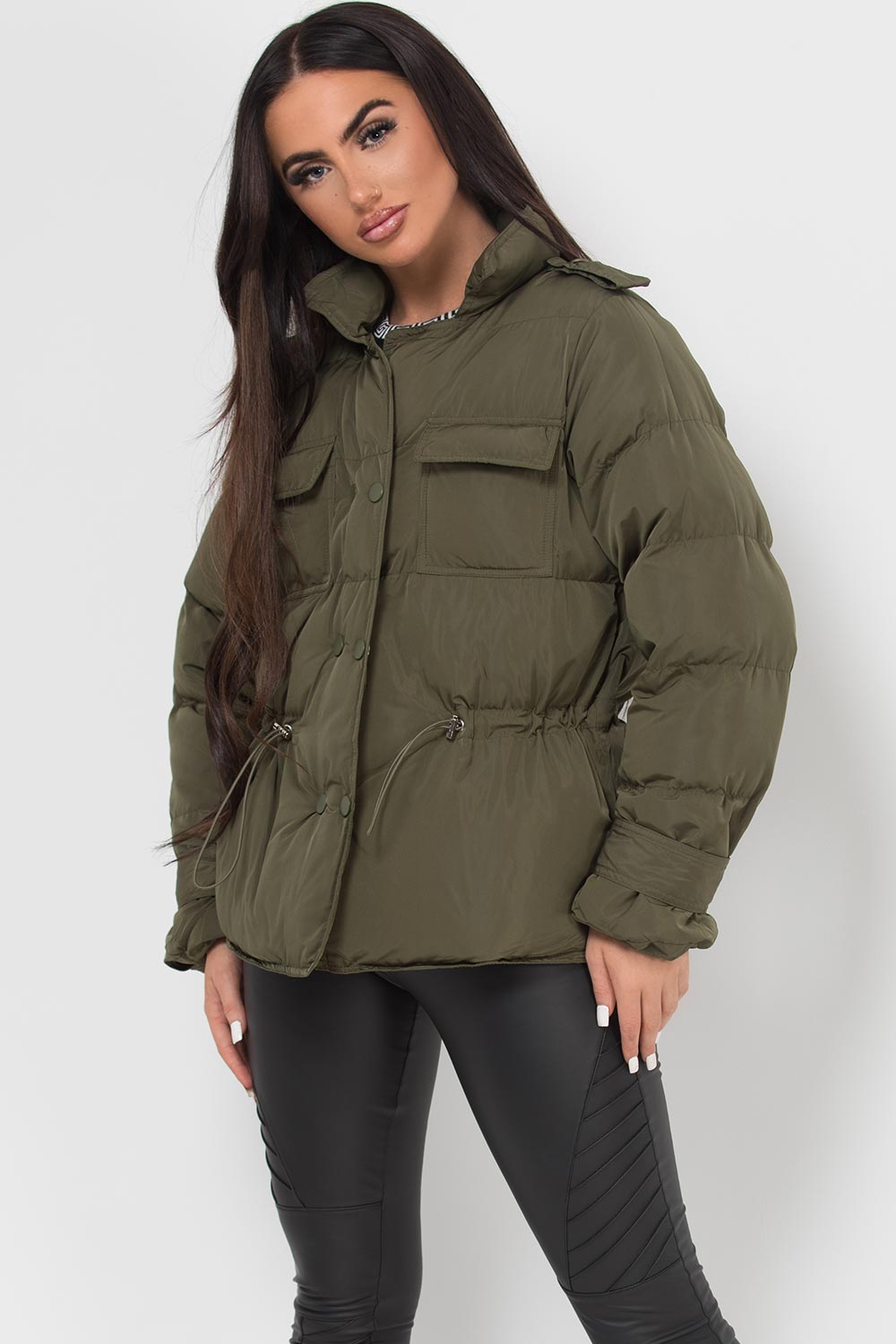 khaki padded puffer elasticated waist jacket khaki