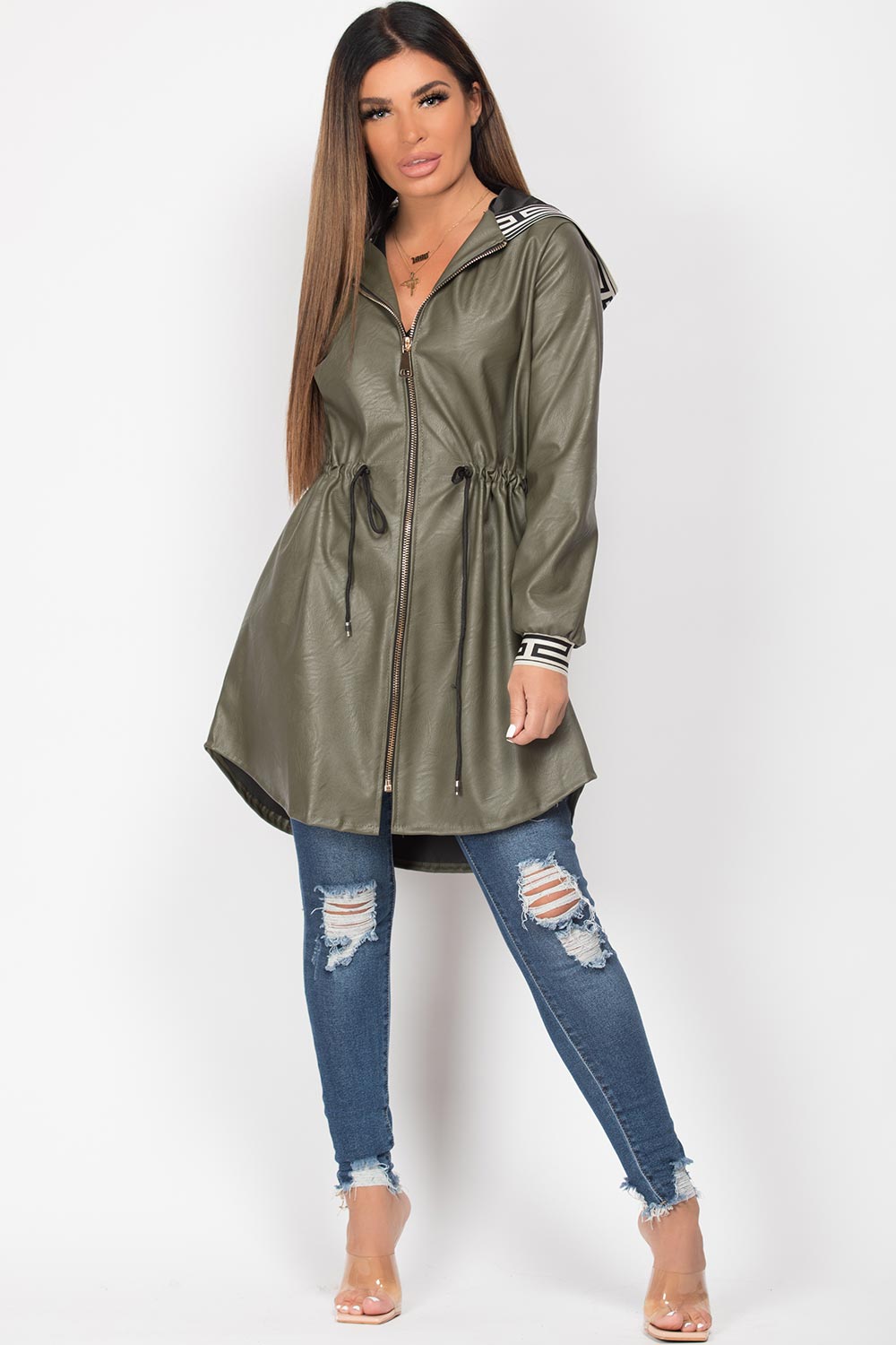 faux leather hooded jacket