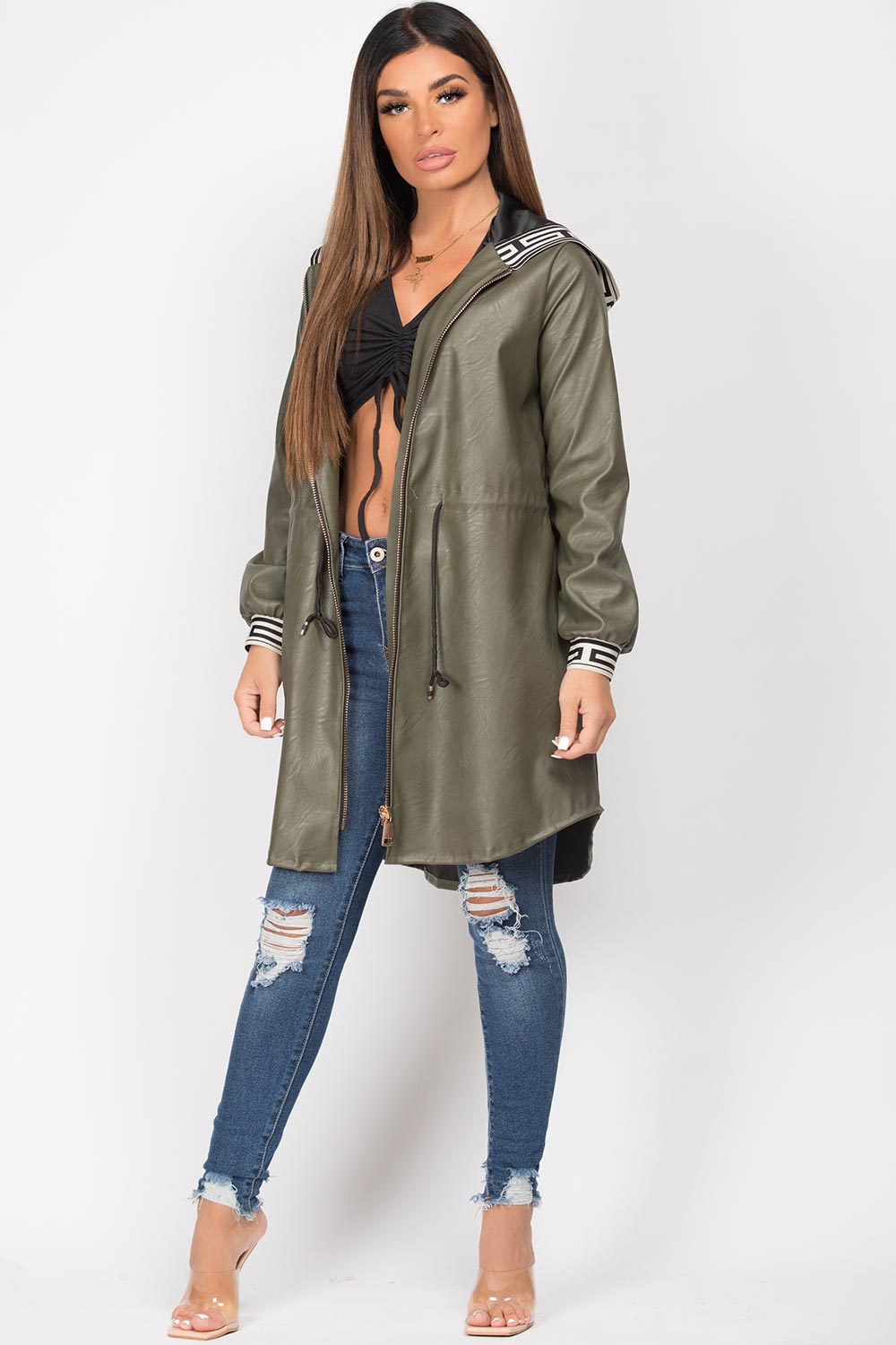 khaki hooded drawstring waist jacket