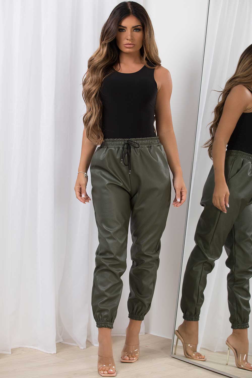 womens faux leather joggers khaki