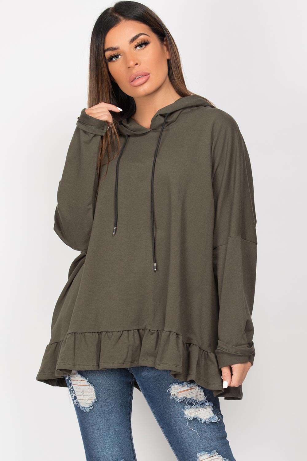 khaki oversized hoodie with frill hem