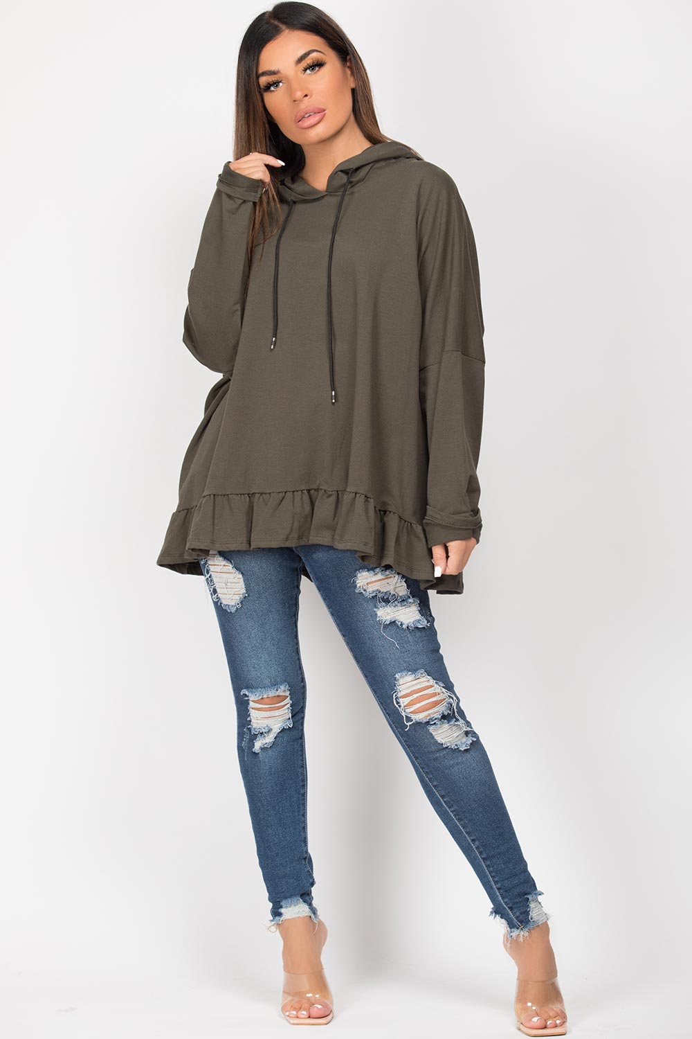 frill hem khaki hoodie