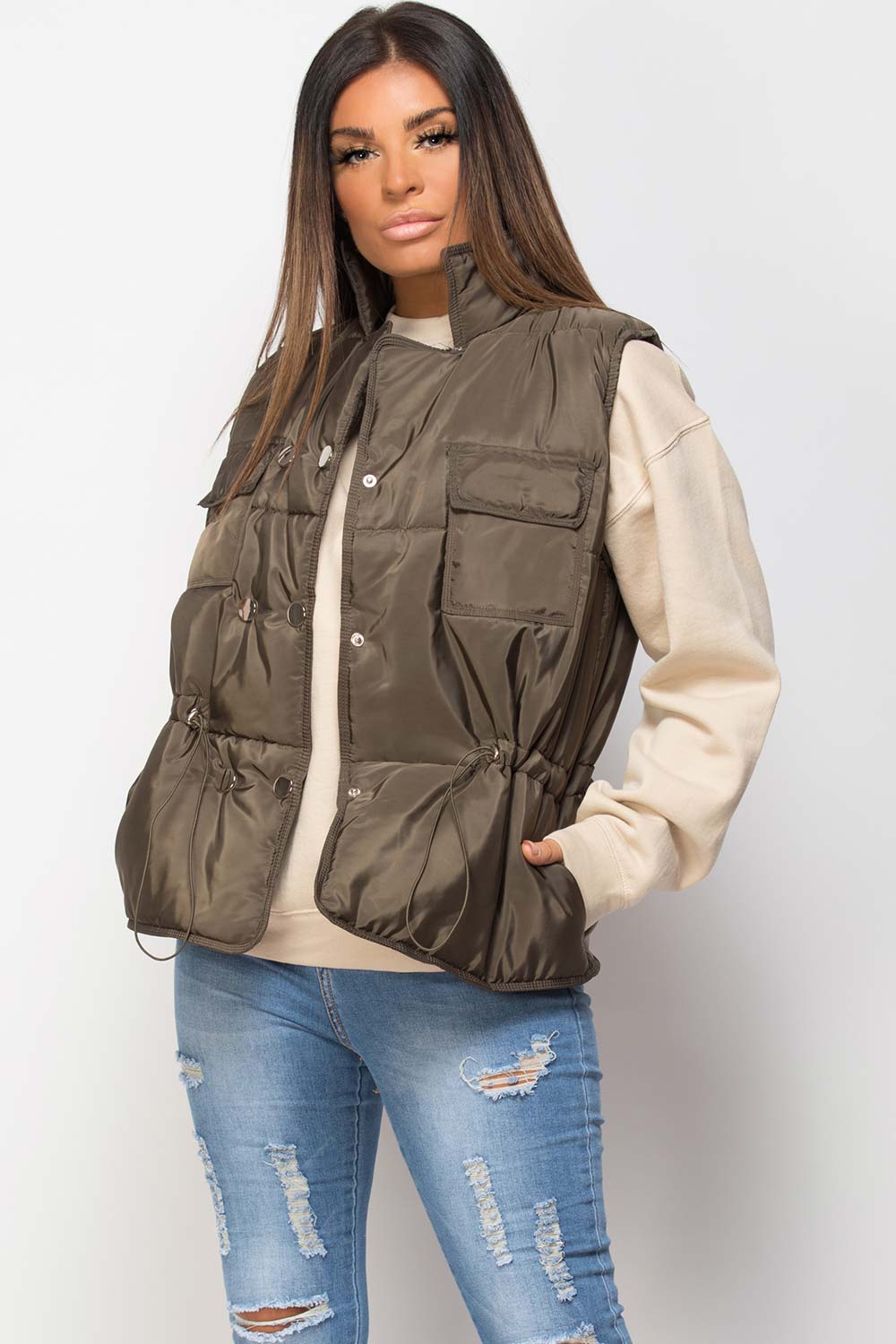 khaki padded gilet short