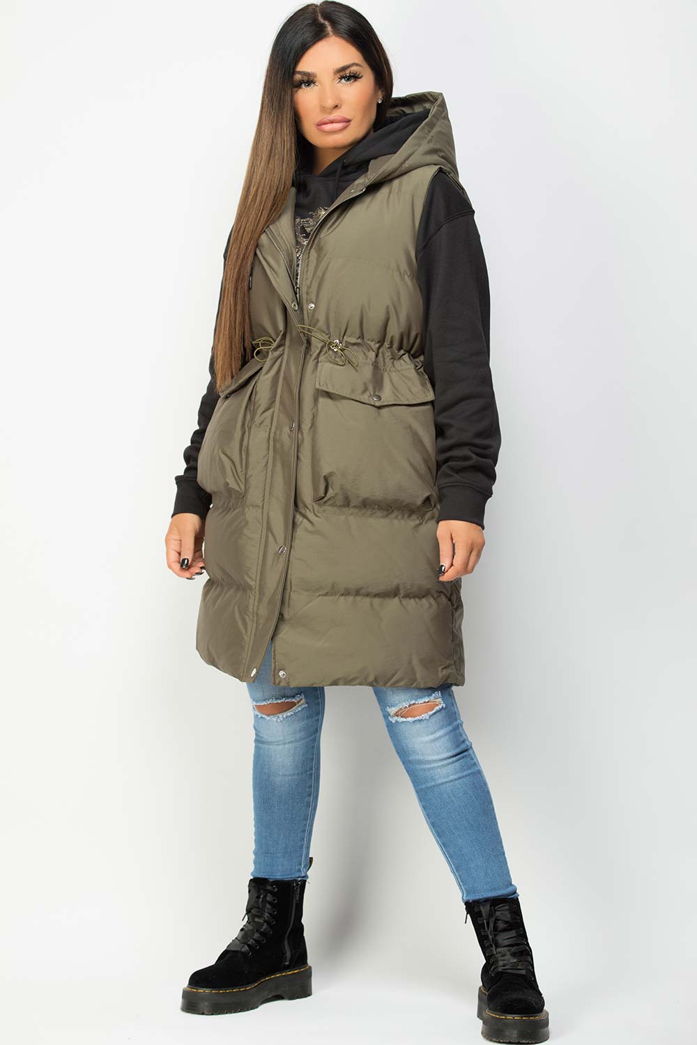 khaki padded longline gilet uk