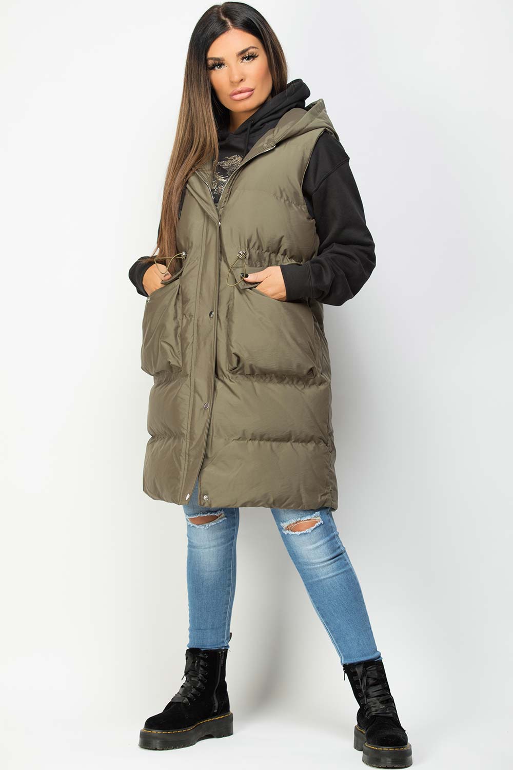 padded longline gilet khaki