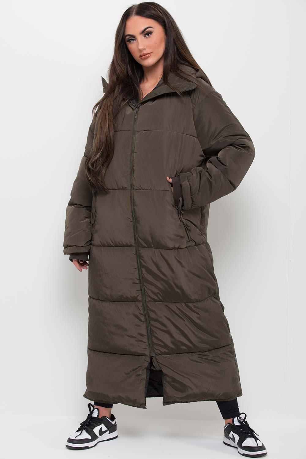 womens long puffer coat khaki