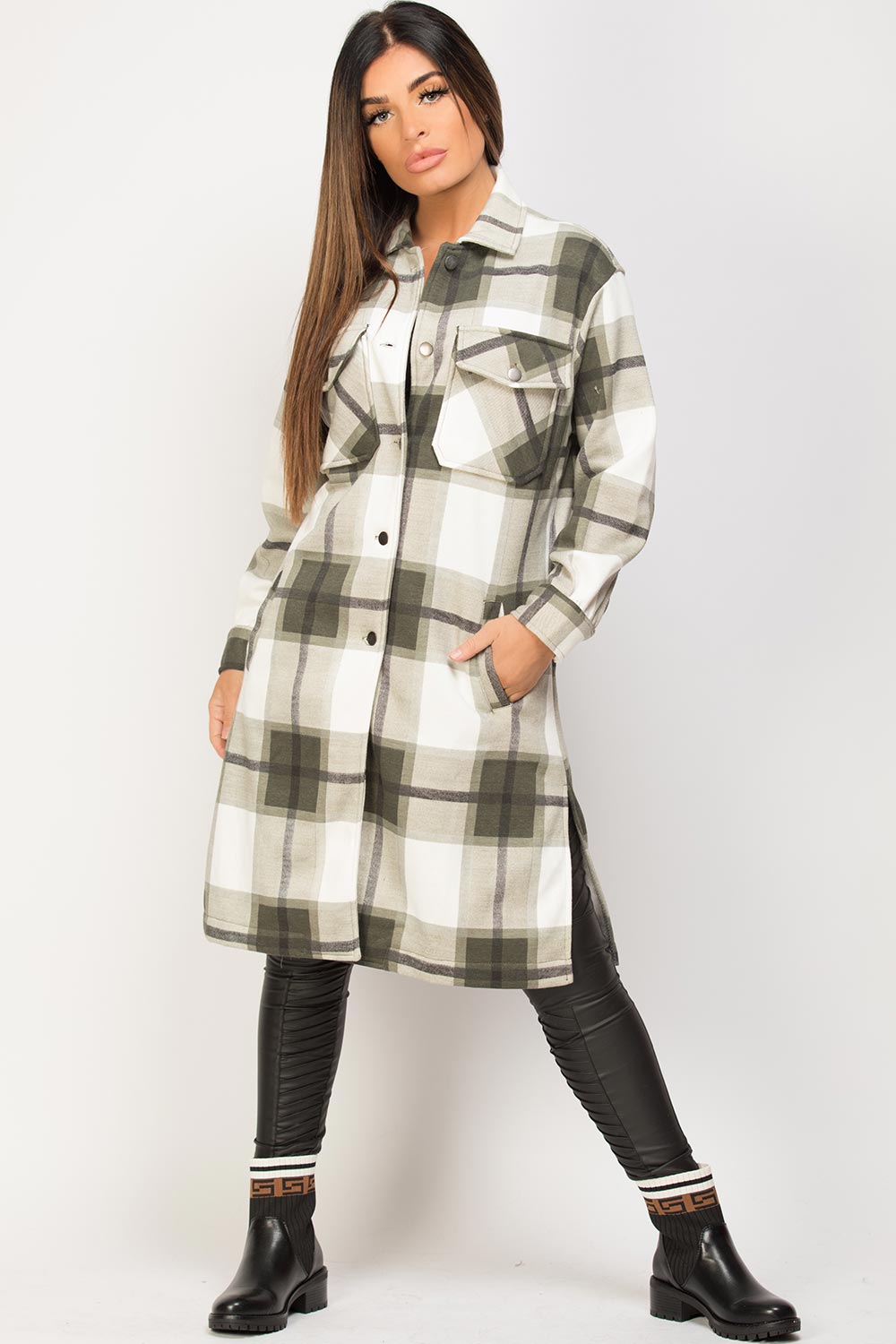 longline shacket khaki check