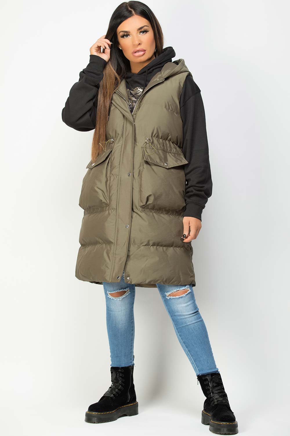 padded puffer long gilet khaki