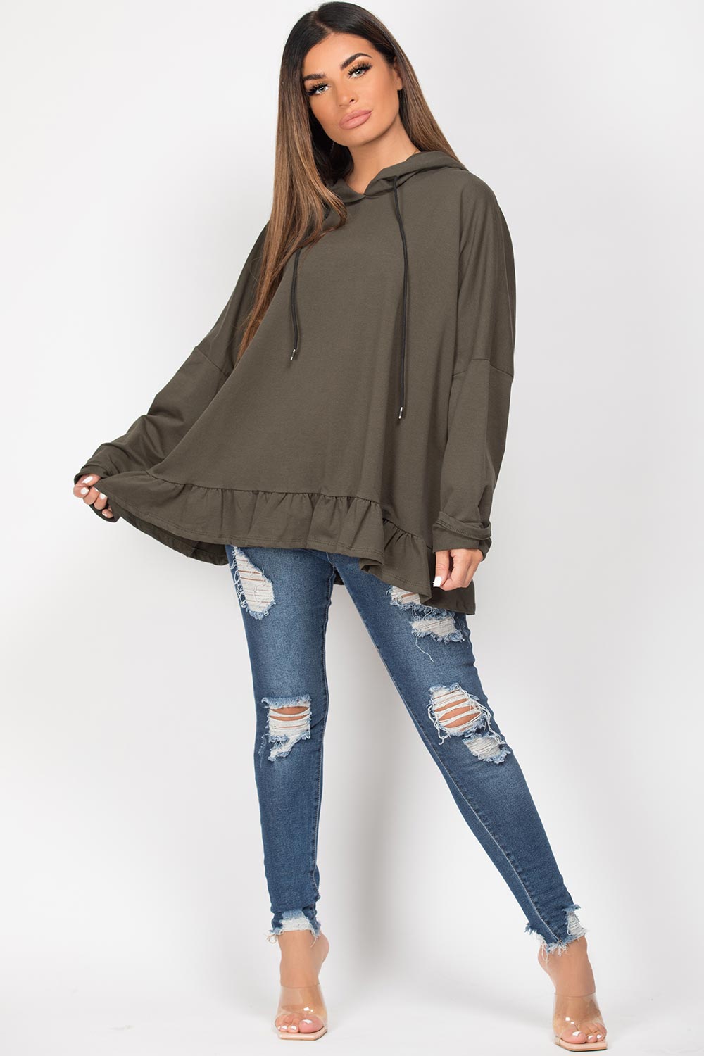 khaki hoodie with frill hem