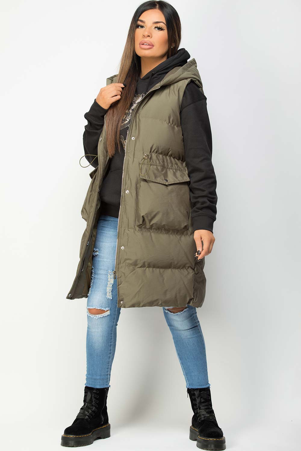 khaki puffer gilet longline