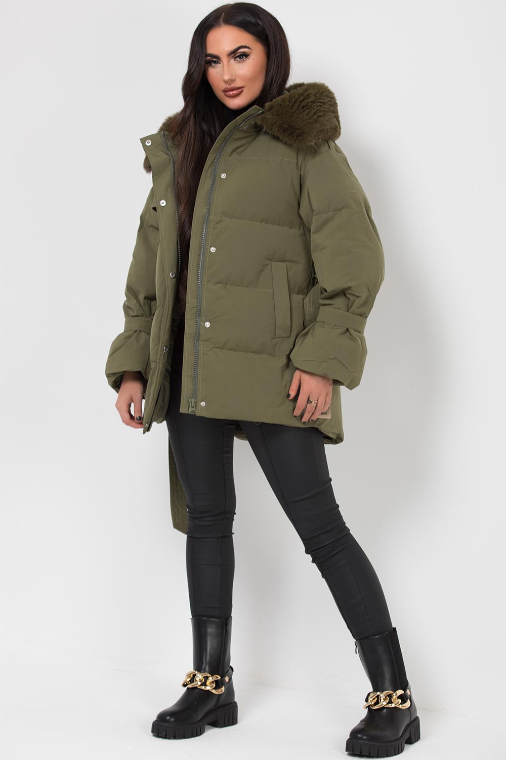 womens puffer jacket khaki