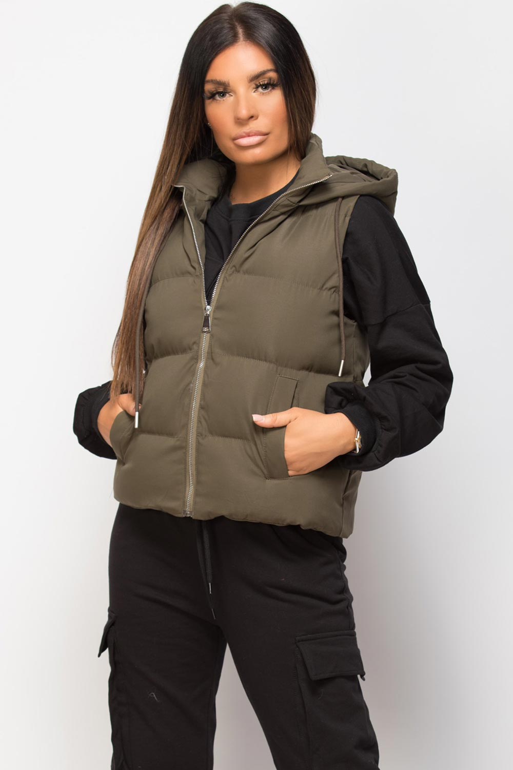 padded hooded gilet khaki
