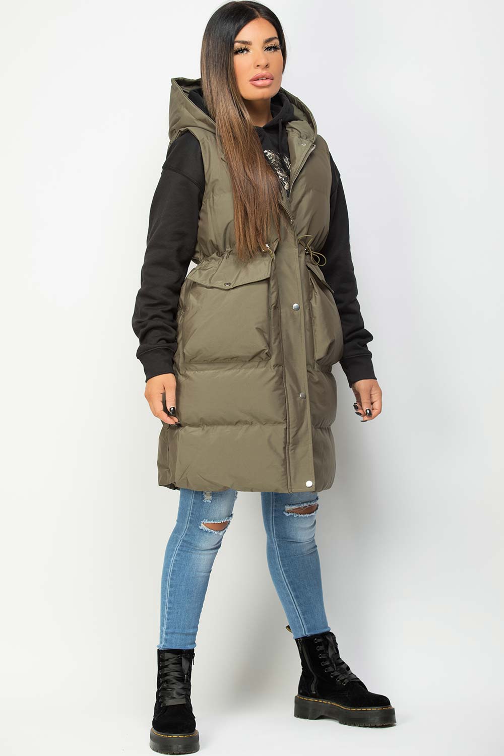 khaki padded hooded longline gilet