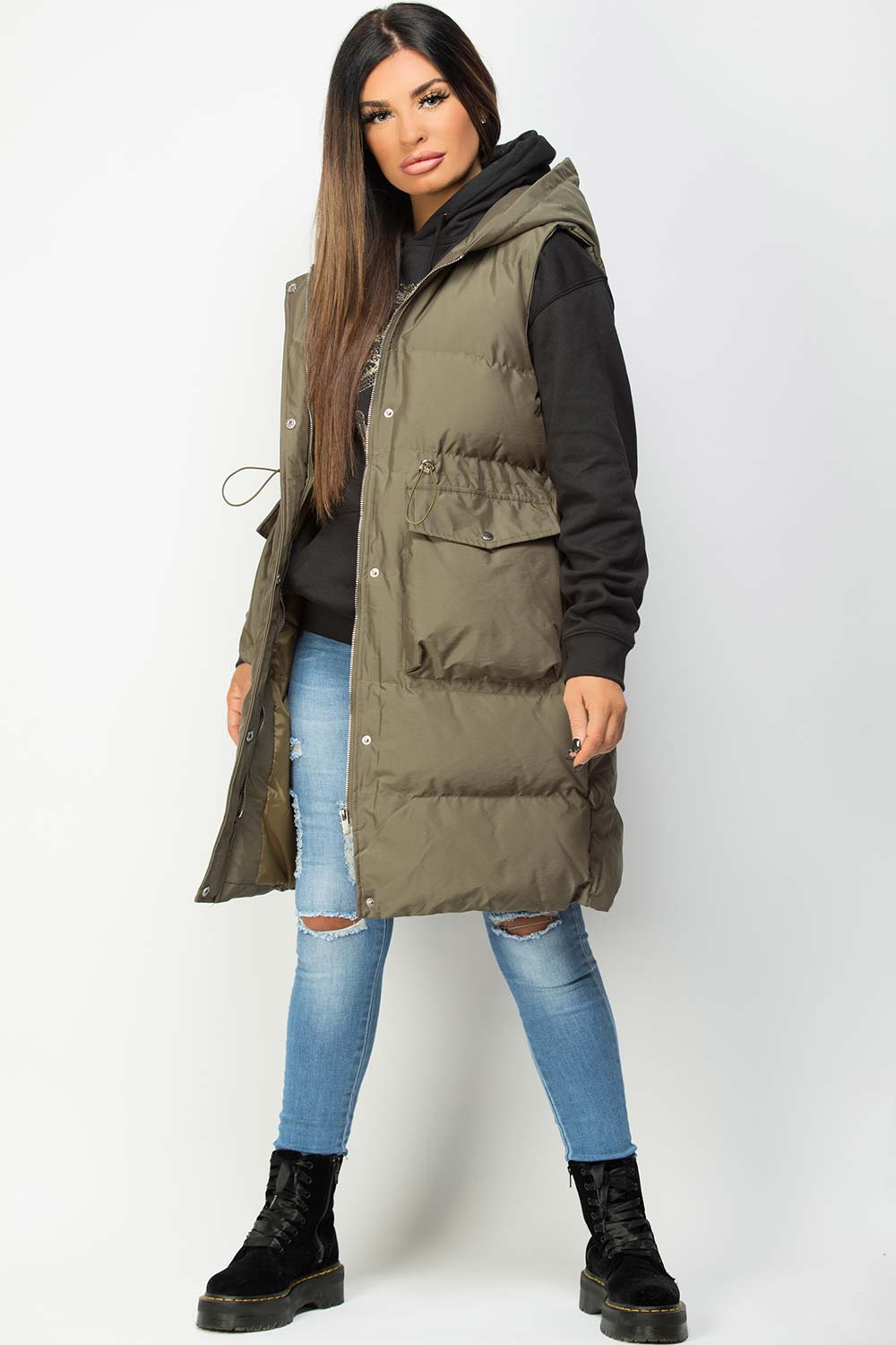 padded hooded long gilet khaki