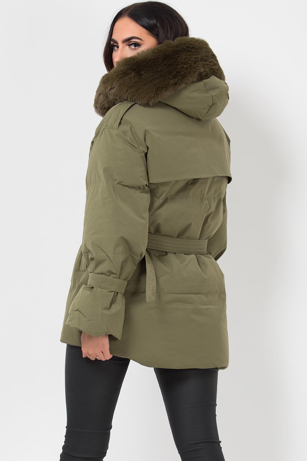 womens padded puffer coat with belt khaki