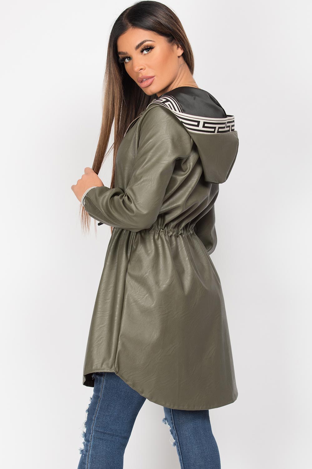 khaki drawstring waist hooded jacket