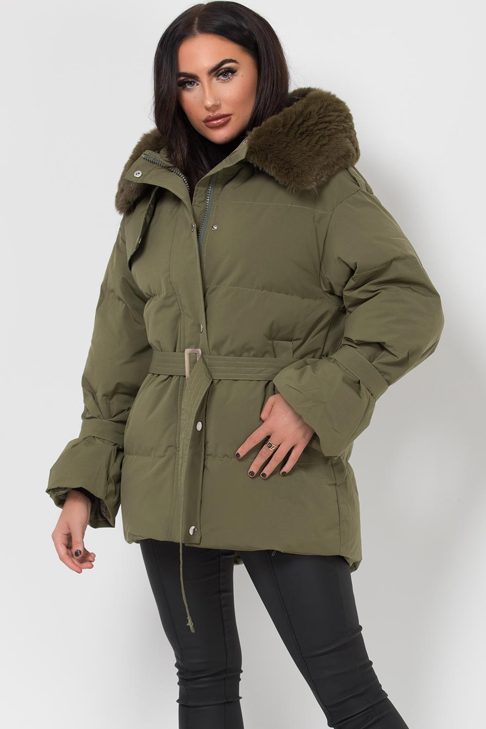 padded puffer hooded coat with belt khaki