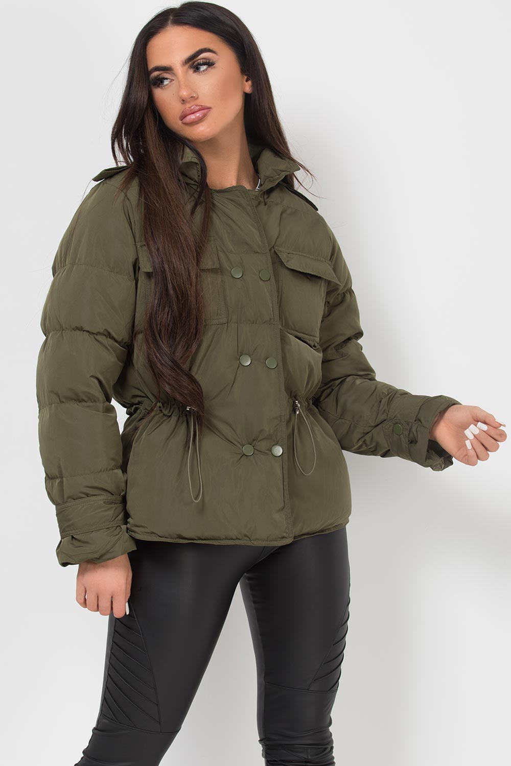 puffer padded short jacket khaki